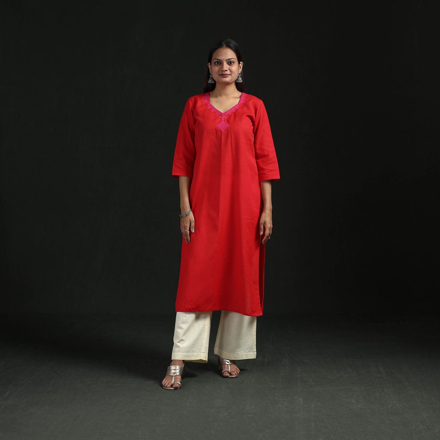 Flex cotton plain hand embroidered straight kurta for women