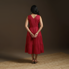 Red - flex cotton tiered plain dress 15 - handcrafted