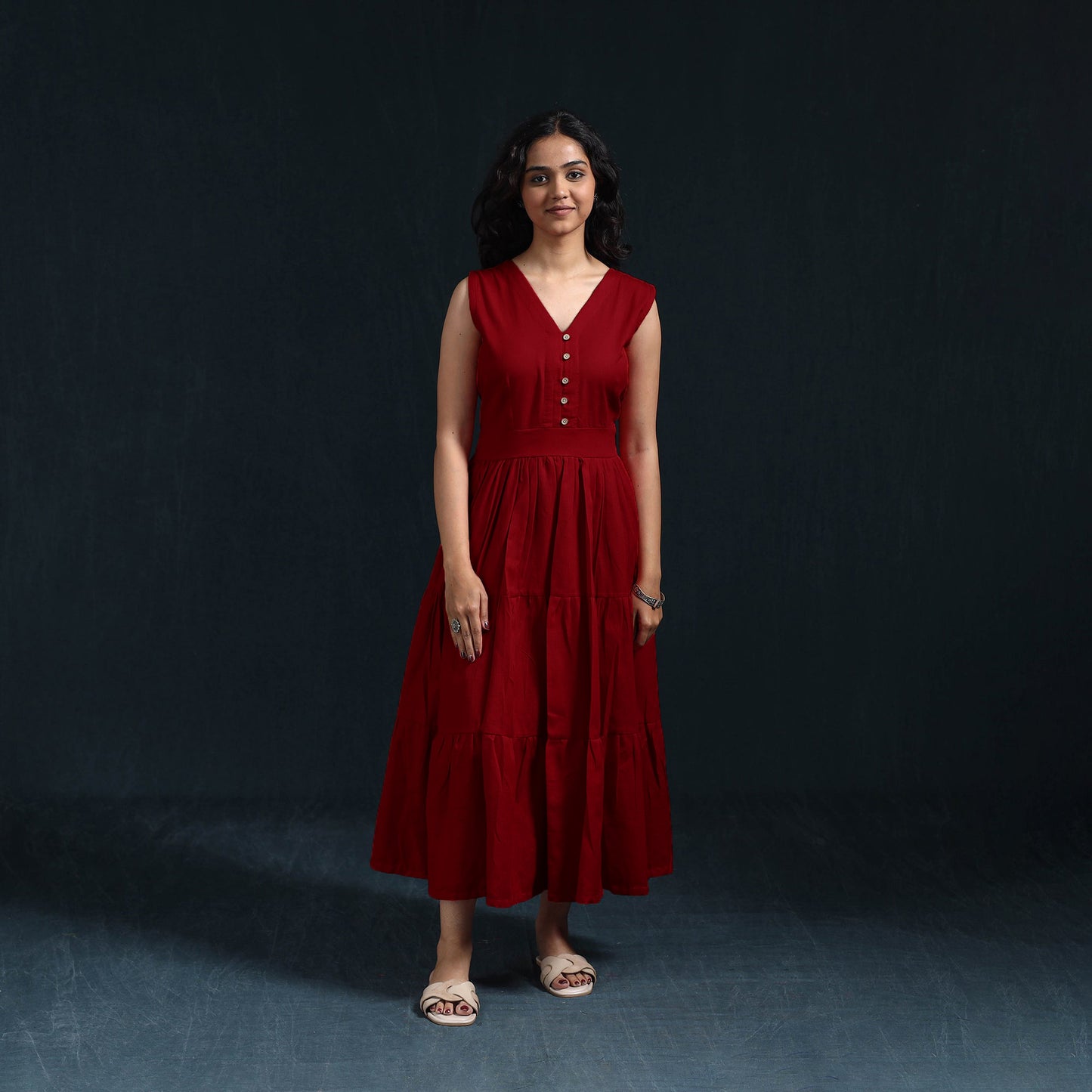 Red - Flex Cotton Tiered Plain Dress 15