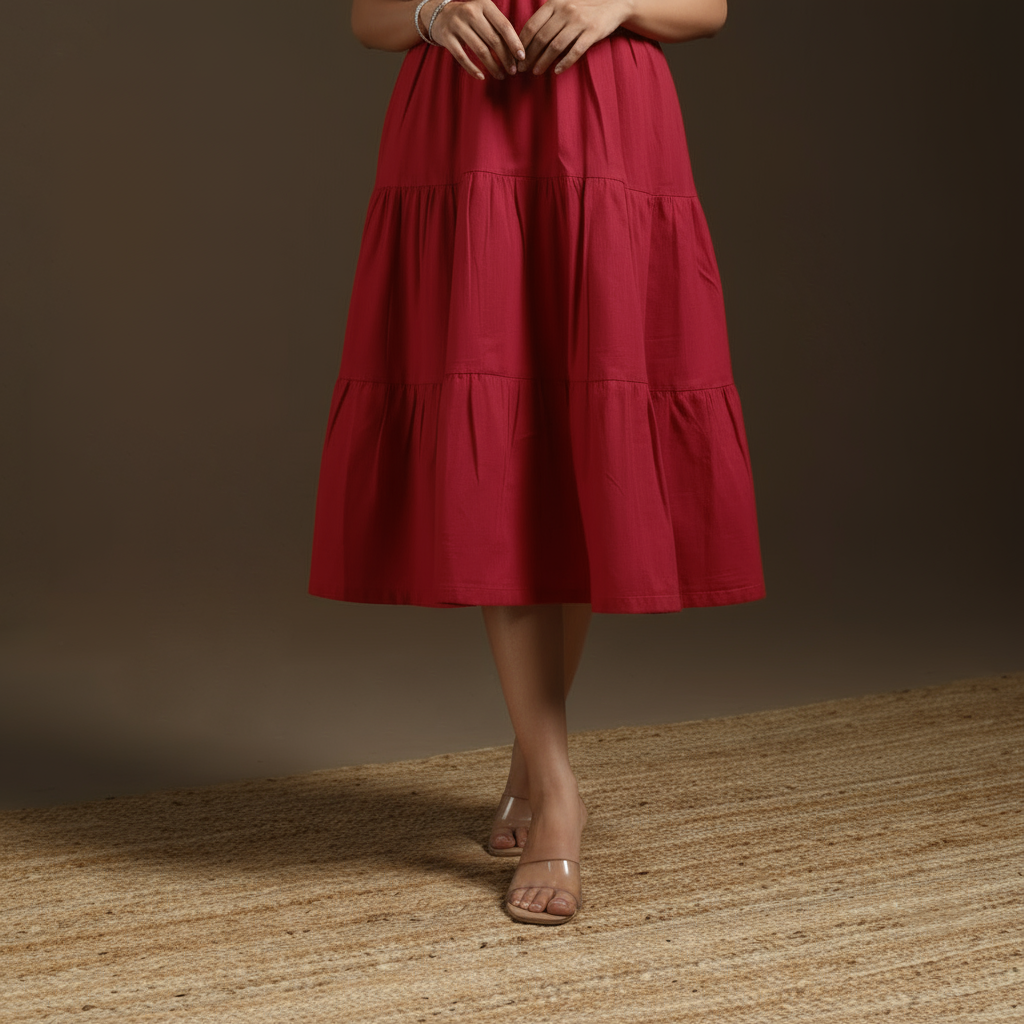 Red - flex cotton tiered plain dress 15 - handcrafted