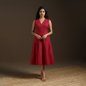 Red - flex cotton tiered plain dress 15 - handcrafted