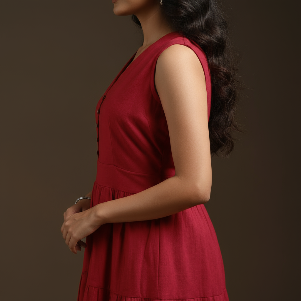 Red - flex cotton tiered plain dress 15 - handcrafted