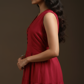 Red - flex cotton tiered plain dress 15 - handcrafted