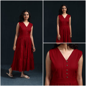 Red - Flex Cotton Tiered Plain Dress 15