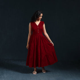 Red - Flex Cotton Tiered Plain Dress 15
