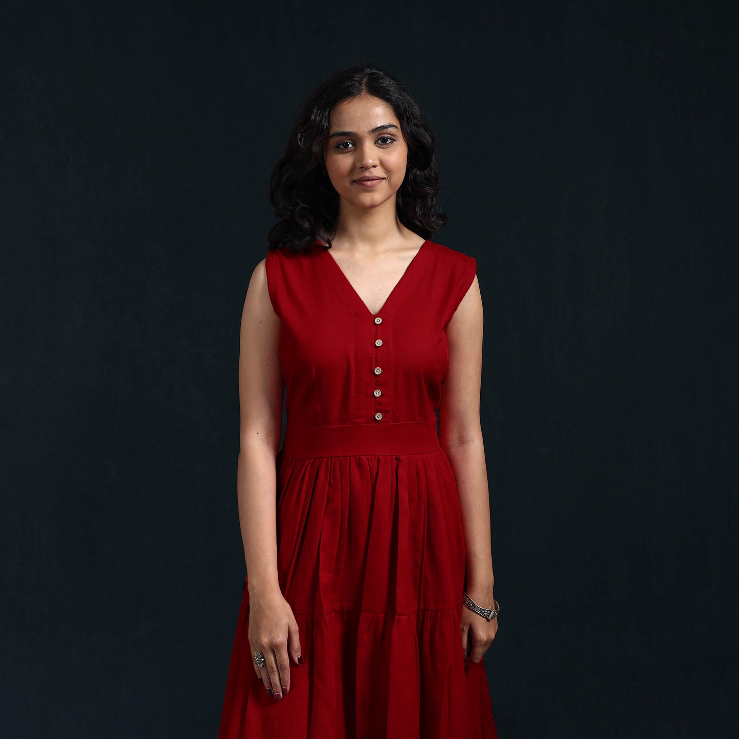 Red - Flex Cotton Tiered Plain Dress 15