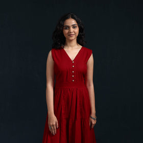 Red - Flex Cotton Tiered Plain Dress 15