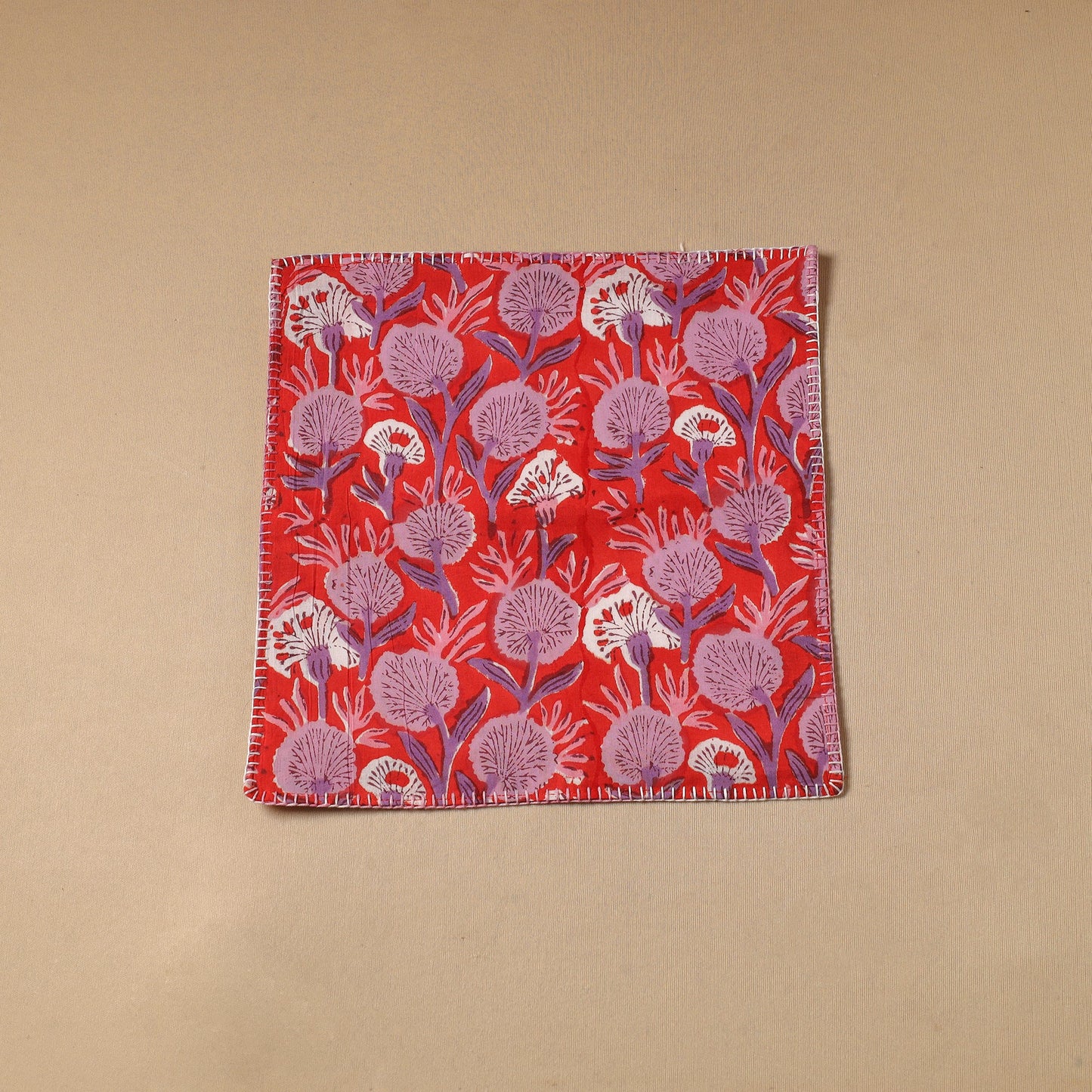 Red Floral Block Print Cotton Hand Embroidery Table Napkin