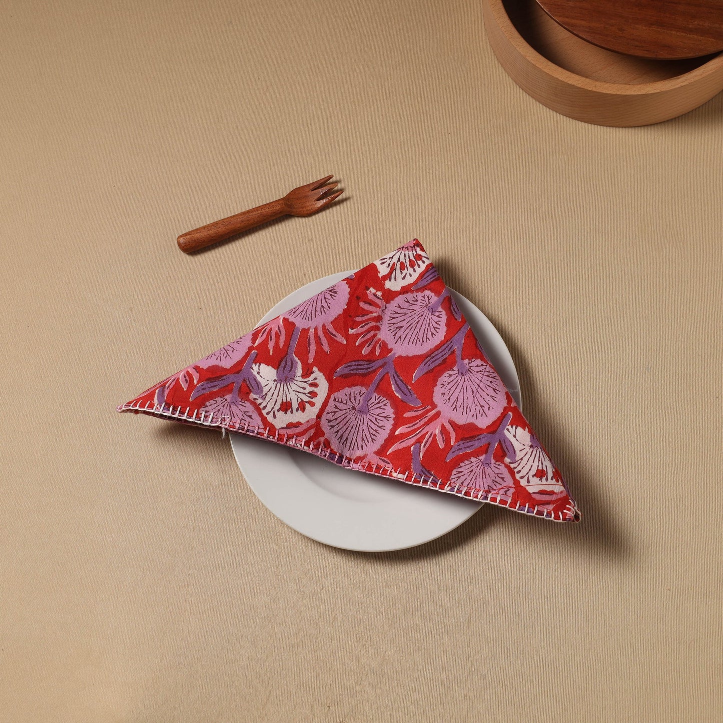 Red Floral Block Print Cotton Hand Embroidery Table Napkin