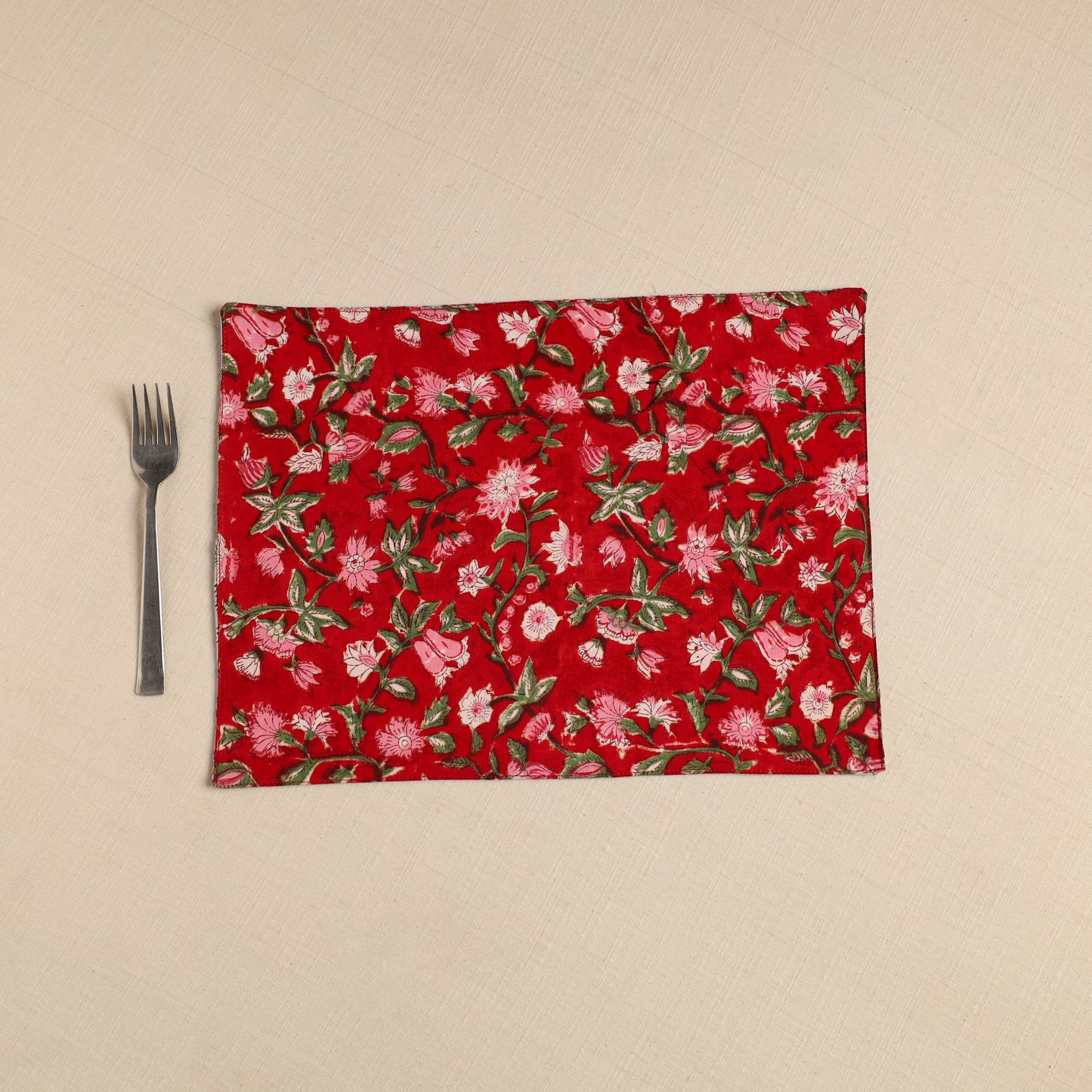  Red Floral Print Cotton Reversible Table Mat 