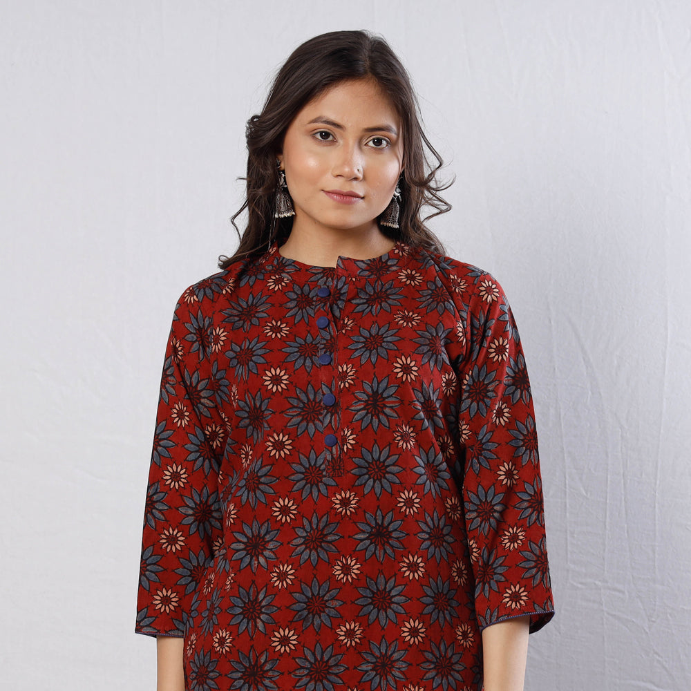 Buy Maroon Indigo Flowers Ajrakh Block Printed Cotton Long Kurta Online l iTokri.com