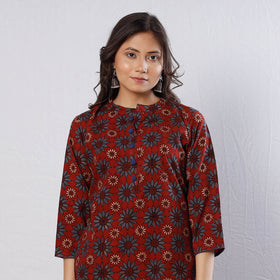 Buy Maroon Indigo Flowers Ajrakh Block Printed Cotton Long Kurta Online l iTokri.com