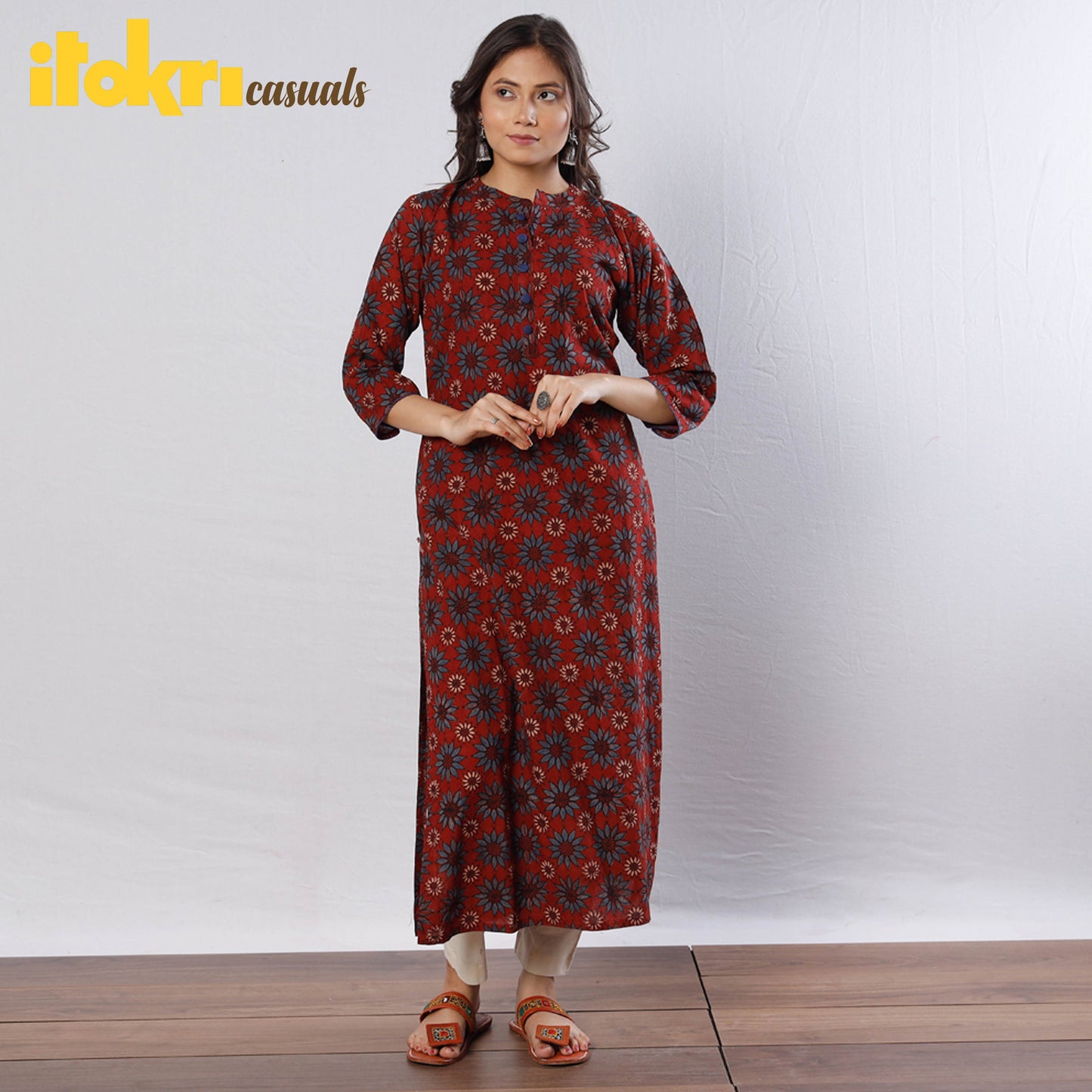 Buy Maroon Indigo Flowers Ajrakh Block Printed Cotton Long Kurta Online l iTokri.com
