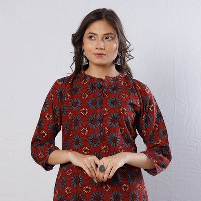 Buy Maroon Indigo Flowers Ajrakh Block Printed Cotton Long Kurta Online l iTokri.com