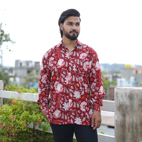 Red Full Sleeve Block Print Cotton Men Sanganeri Shirt
