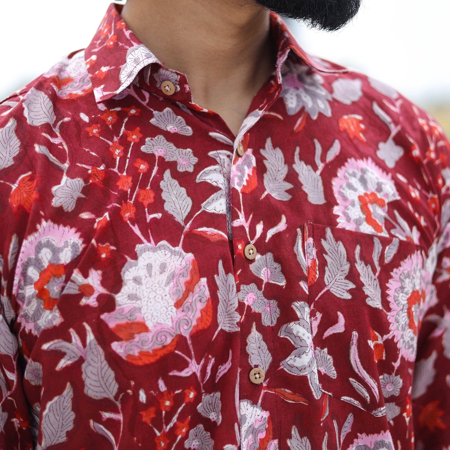 Red Full Sleeve Block Print Cotton Men Sanganeri Shirt