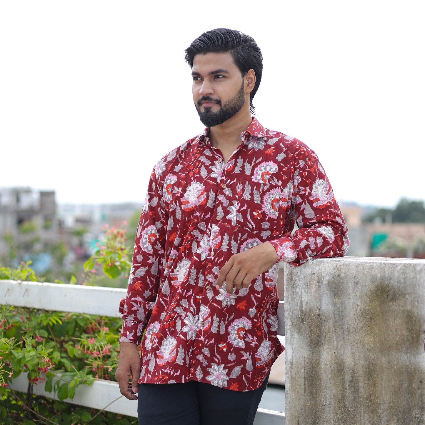 Red Full Sleeve Block Print Cotton Men Sanganeri Shirt