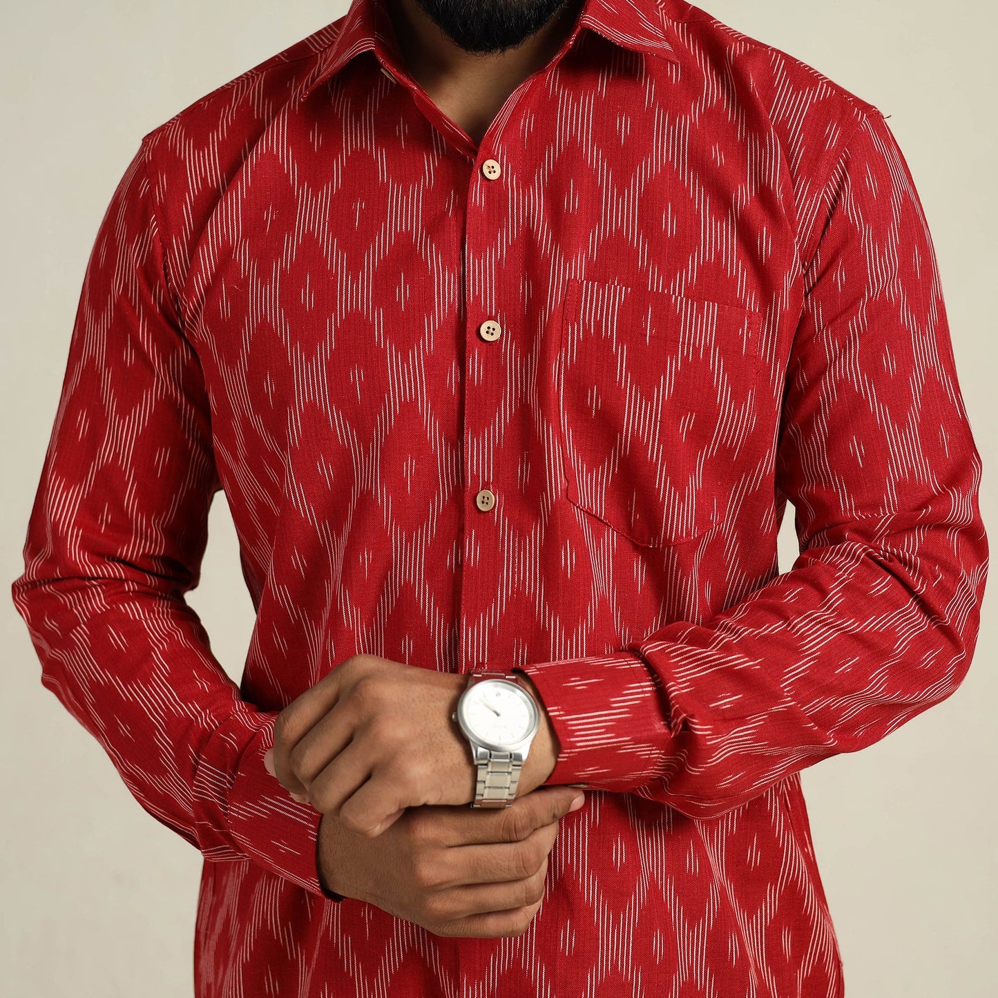 Buy Red Full Sleeve Men Cotton Pochampally Ikat Shirt