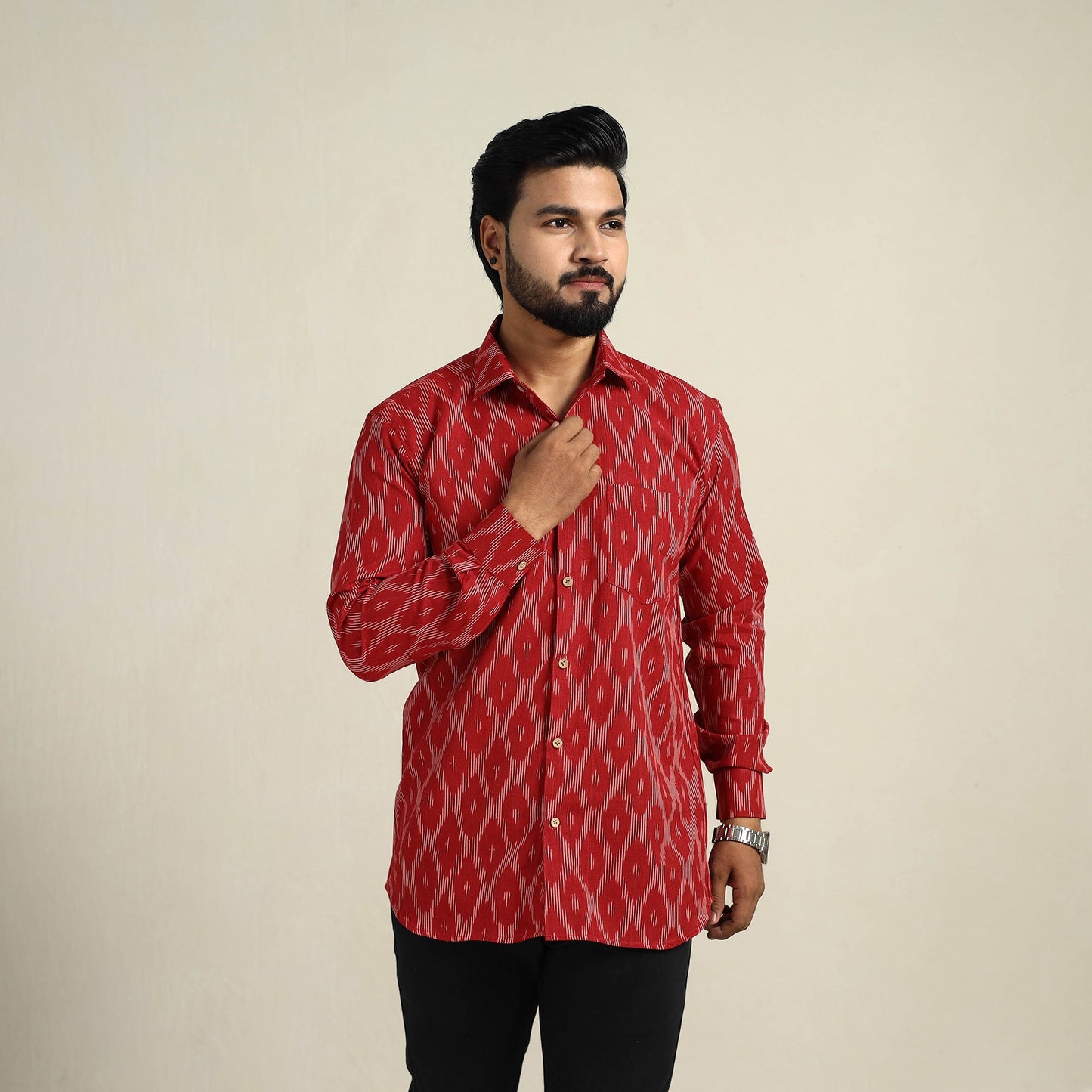 Buy Red Full Sleeve Men Cotton Pochampally Ikat Shirt