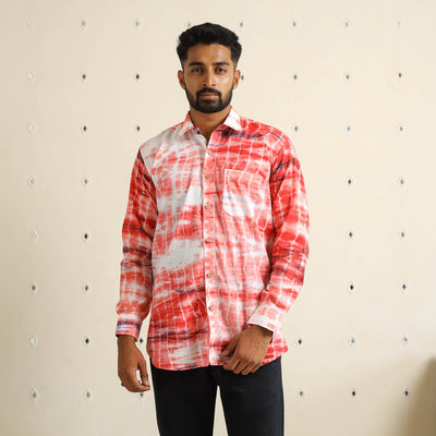 Red Full Sleeve Tie & Dye Cotton Men Shibori Shirt