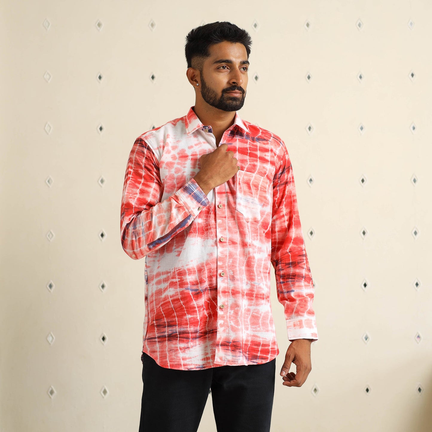 Red Full Sleeve Tie & Dye Cotton Men Shibori Shirt