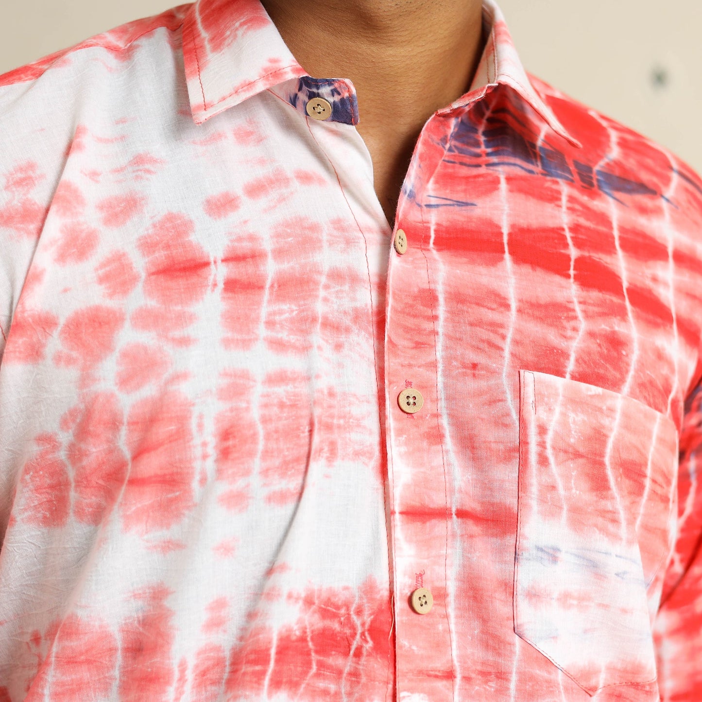 Red Full Sleeve Tie & Dye Cotton Men Shibori Shirt