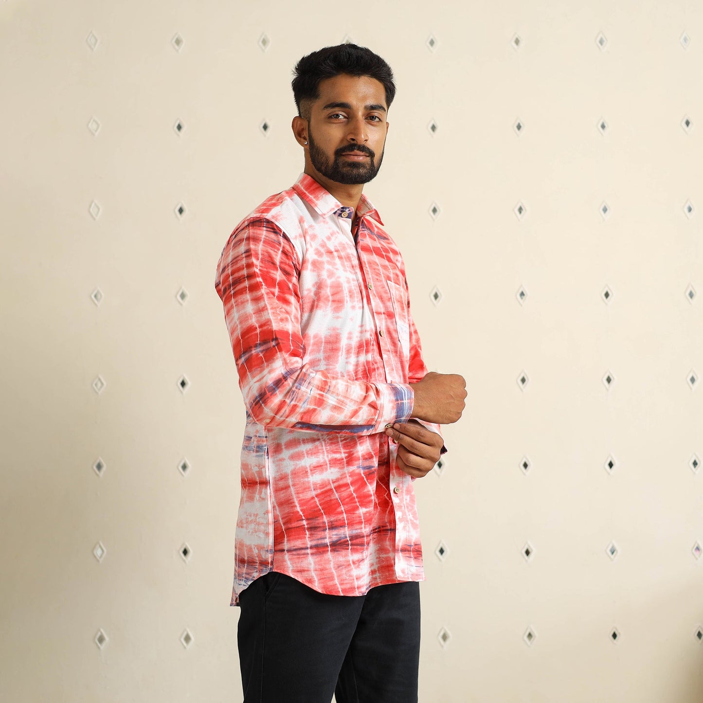 Red Full Sleeve Tie & Dye Cotton Men Shibori Shirt