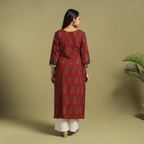 Fusion Mul Cotton Straight Red Ajrakh Kurta for Women