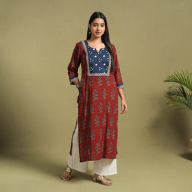 Fusion Mul Cotton Straight Red Ajrakh Kurta for Women
