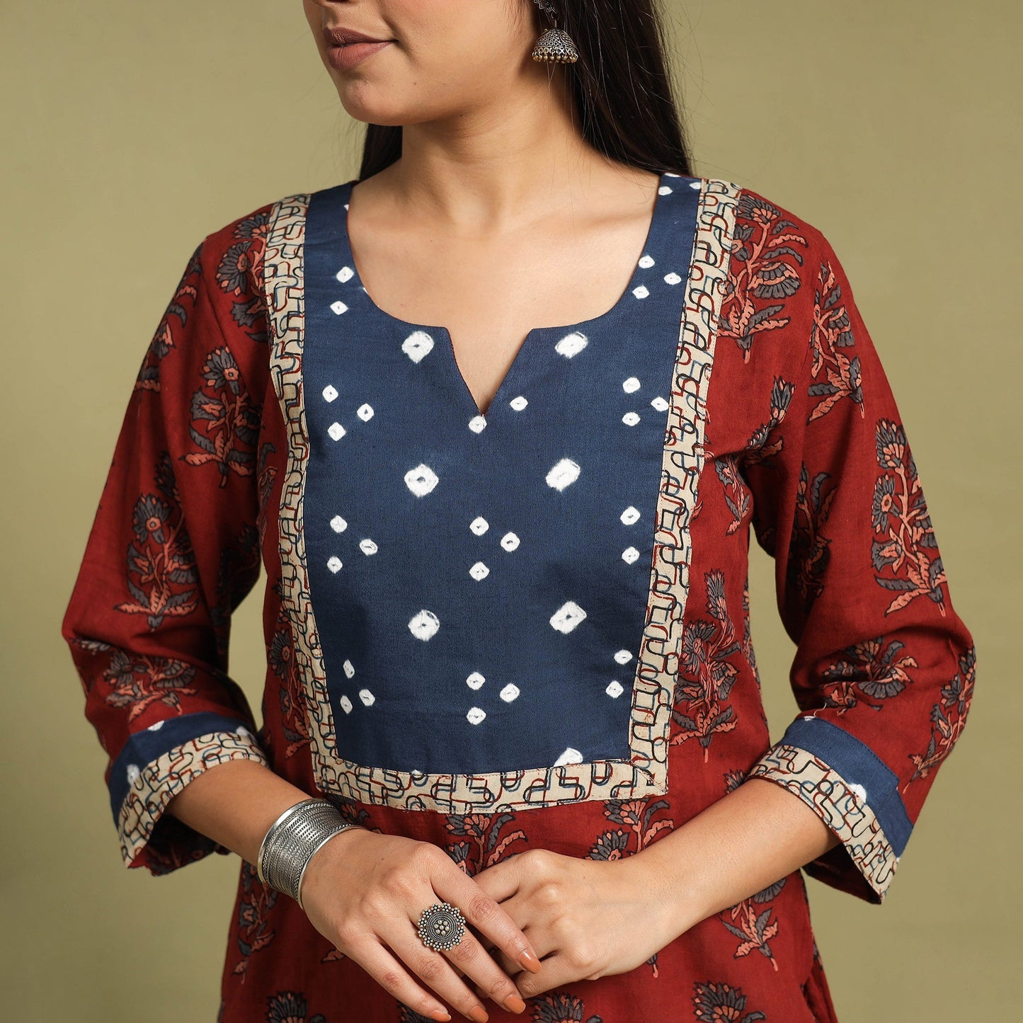 Fusion Mul Cotton Straight Red Ajrakh Kurta for Women