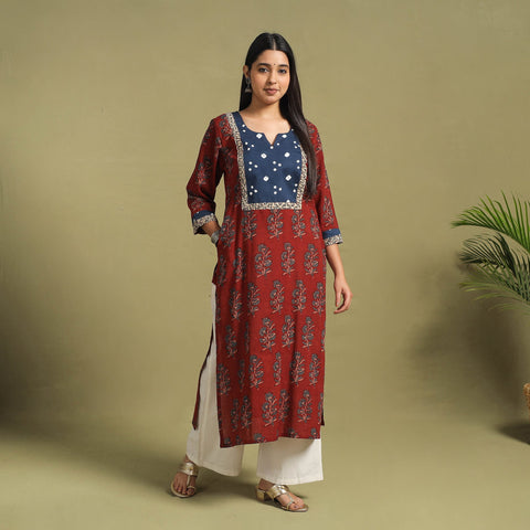 Fusion Mul Cotton Straight Red Ajrakh Kurta for Women