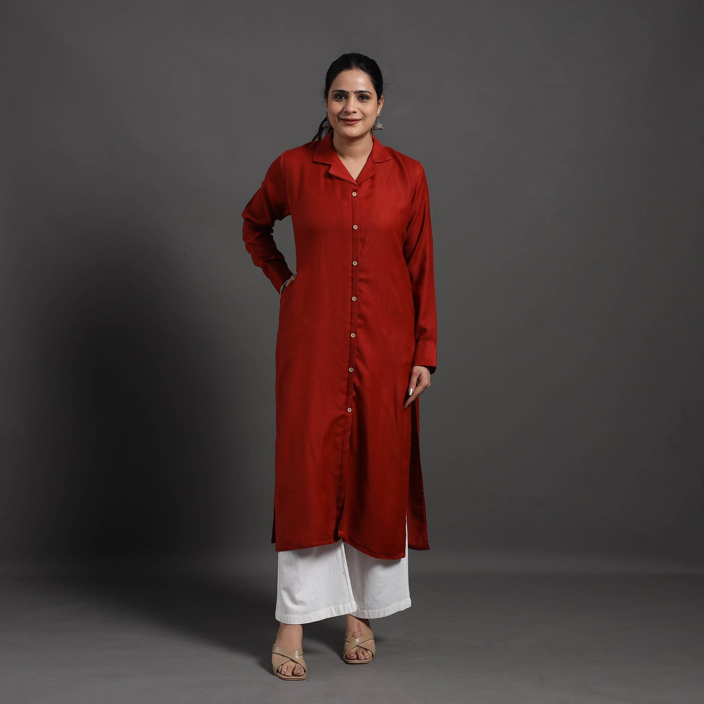 Red - Gauhar Plain Merino Woolen Kurta