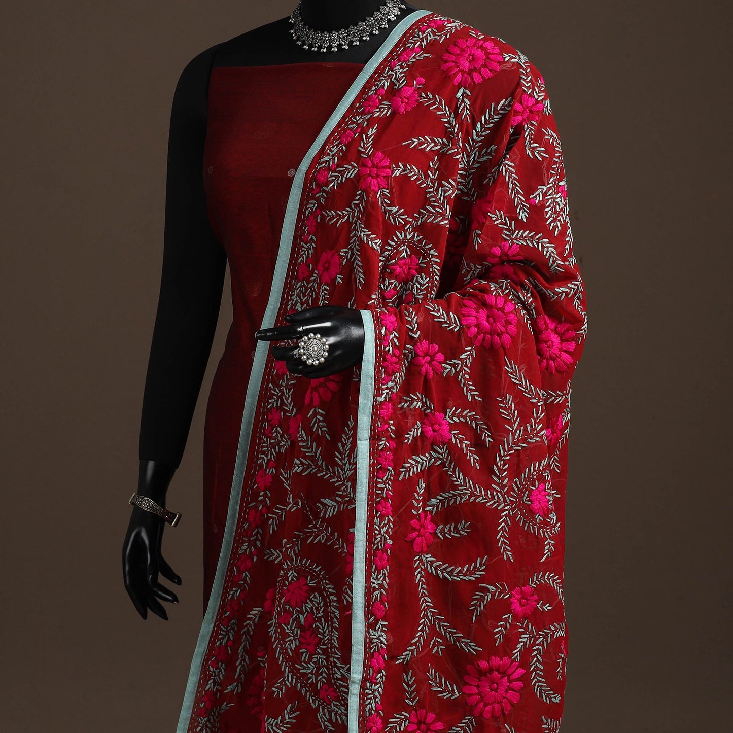 Georgette hand embroidered phulkari dupatta 14 - handcrafted