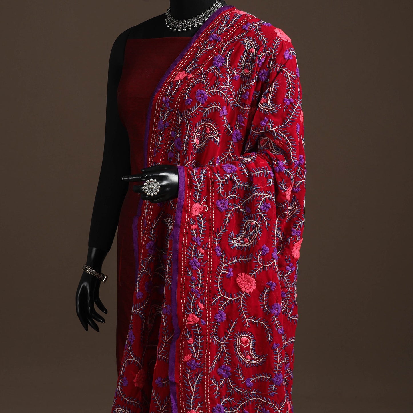 Georgette hand embroidered phulkari dupatta 16 - handcrafted