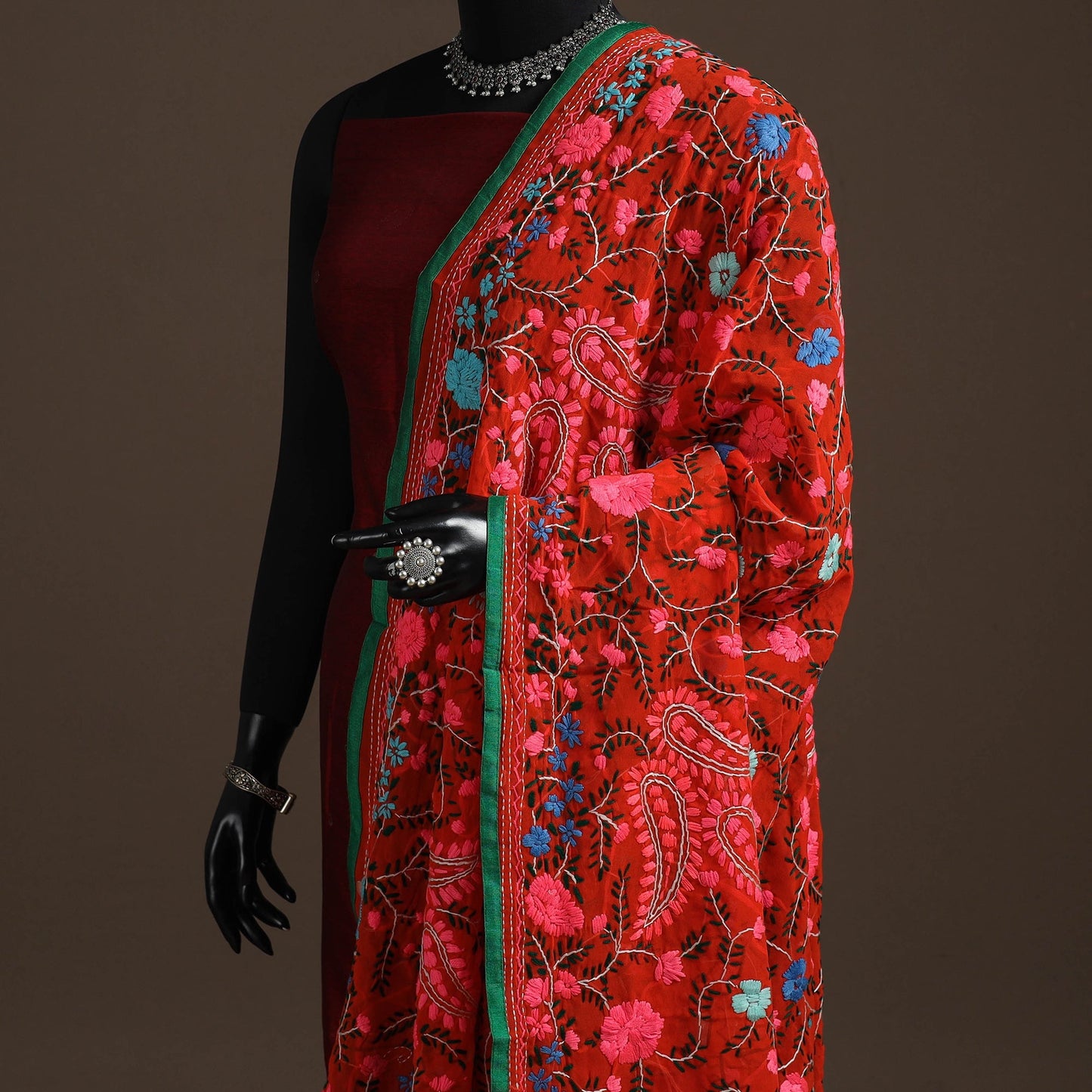 Georgette hand embroidered phulkari dupatta 22 - handcrafted