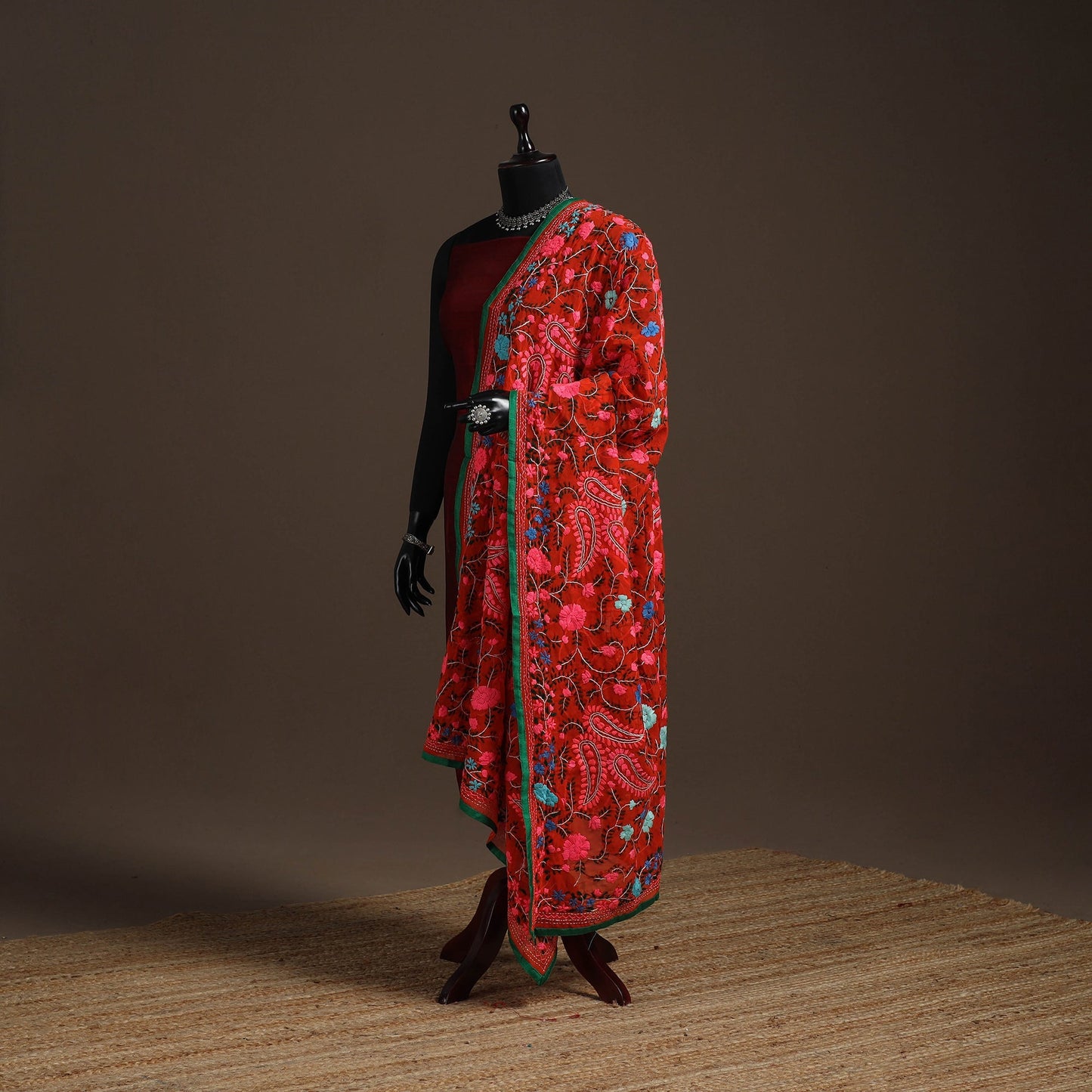 Georgette hand embroidered phulkari dupatta 22 - handcrafted