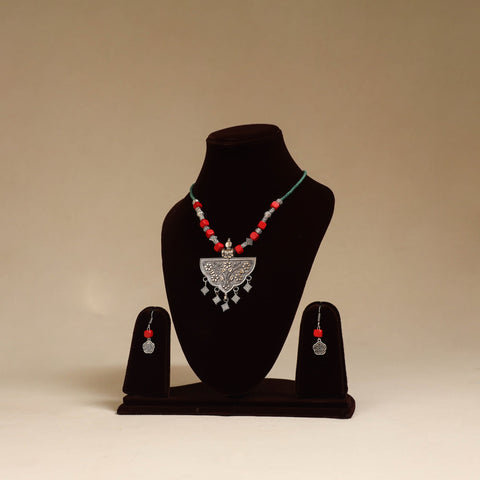 Red - german silver beaded necklace set 06 - handcrafted