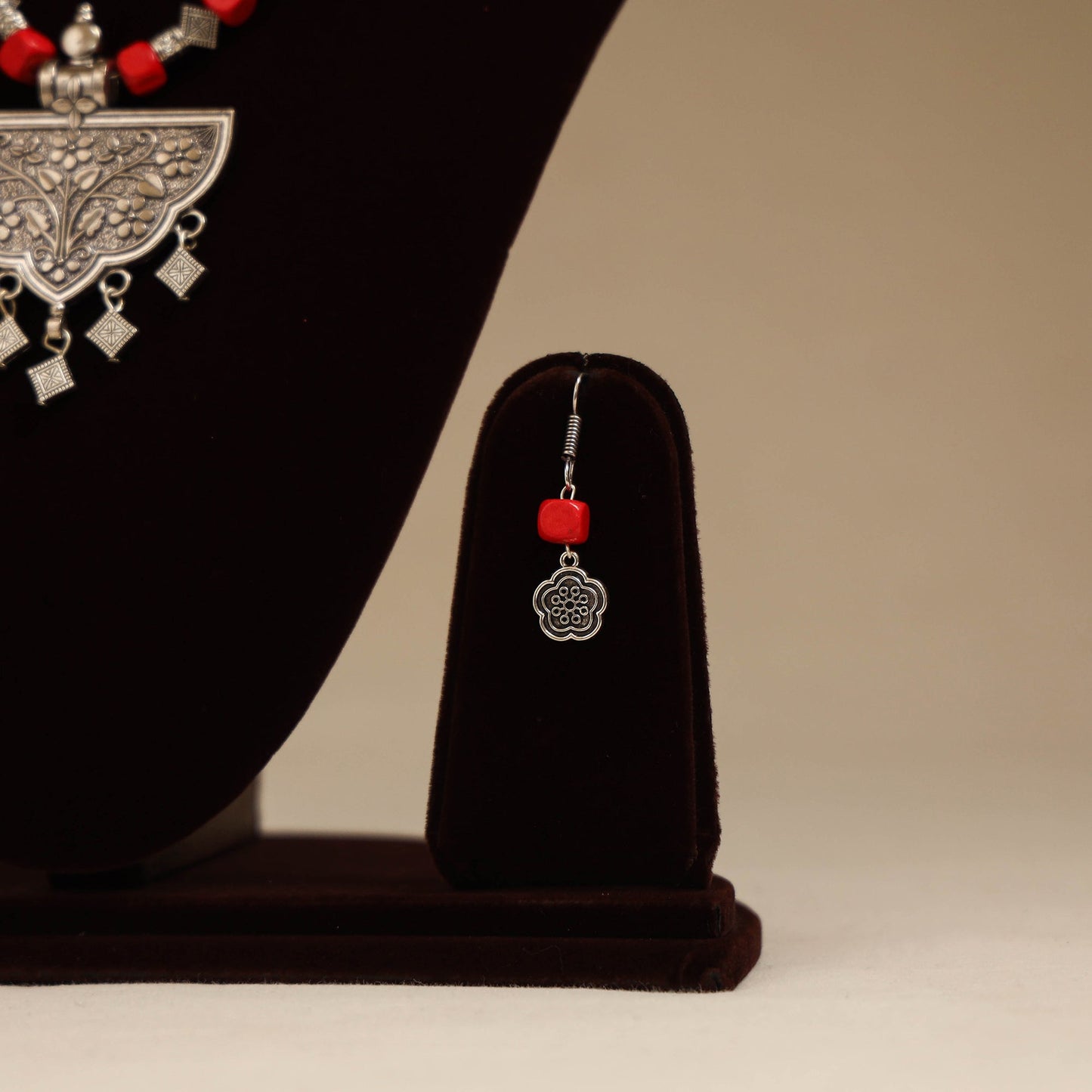 Red - german silver beaded necklace set 06 - handcrafted