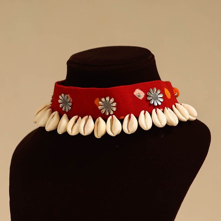 Red - german silver fabart choker necklace set with shell