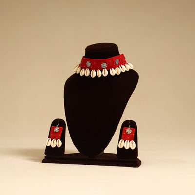 Red - german silver fabart choker necklace set with shell