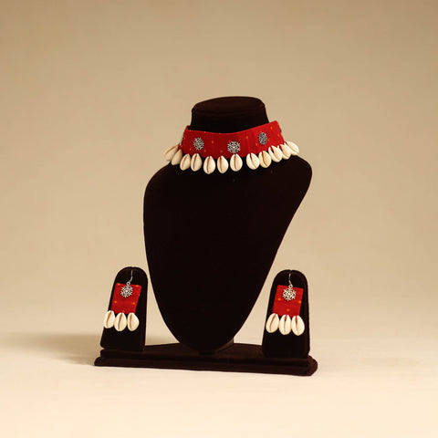 Red - german silver fabart choker necklace set with shell