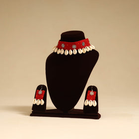 Red - german silver fabart choker necklace set with shell