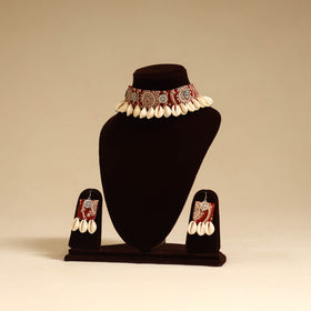 Red - german silver fabart choker necklace set with shell