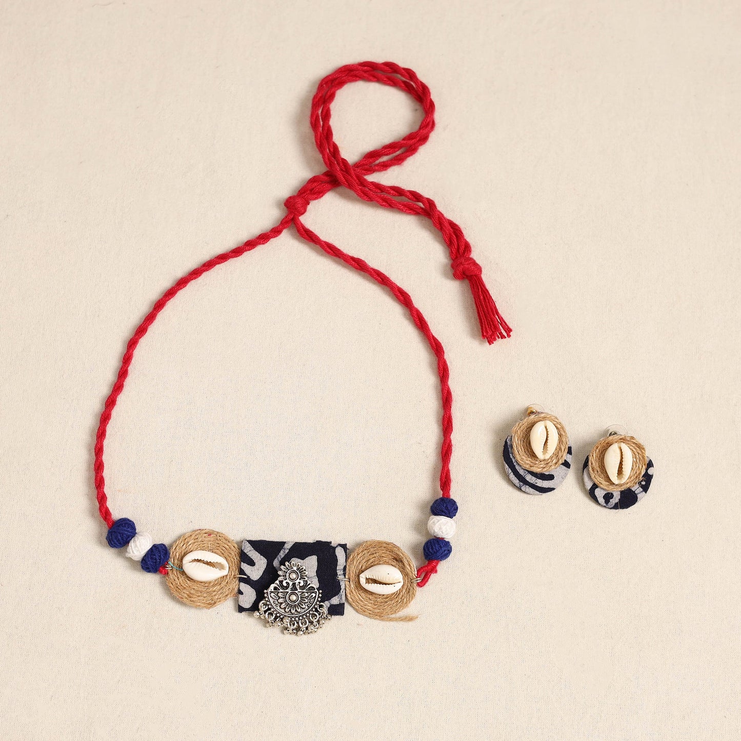 Red - german silver jute & fabart necklace set 66