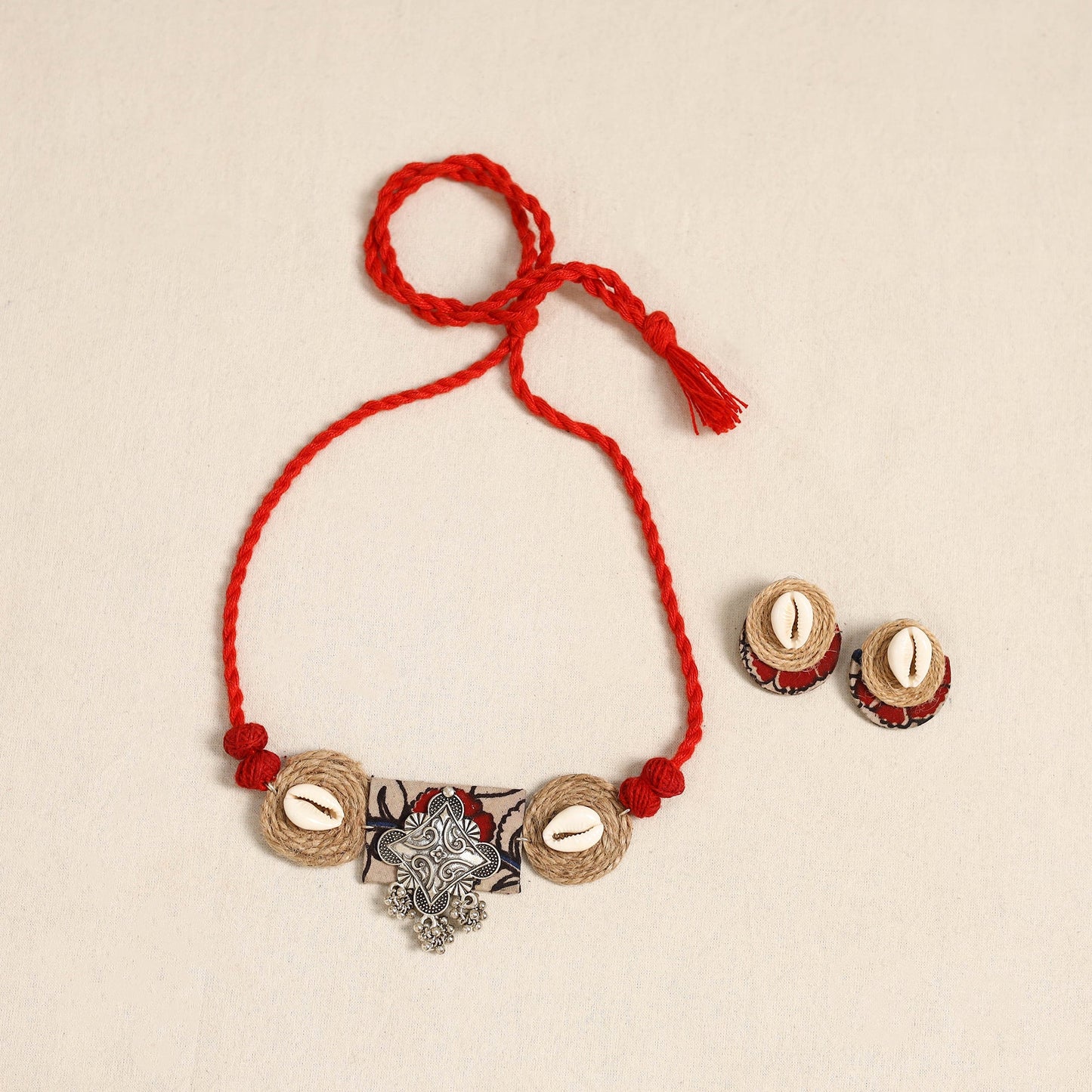 Red - german silver jute & fabart necklace set 69