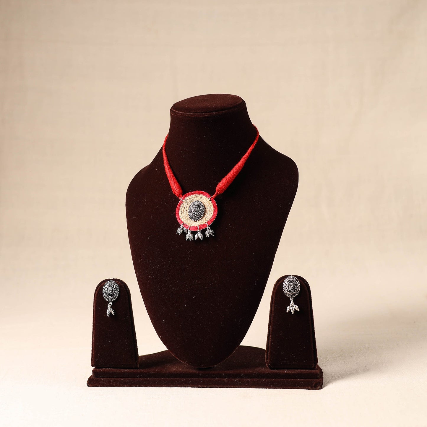 Red - german silver jute necklace set 74 - handcrafted