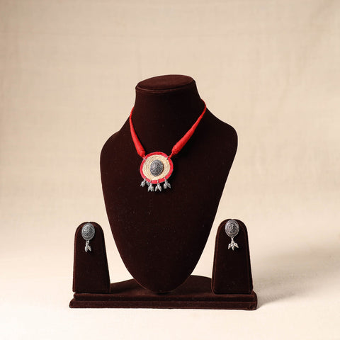 Red - german silver jute necklace set 74 - handcrafted