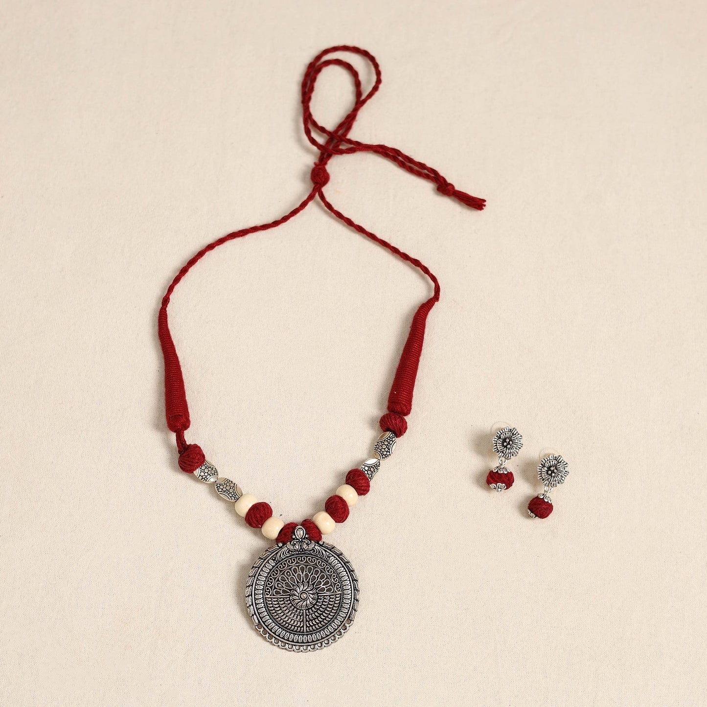 Red - german silver necklace set with beads 45 - handcrafted