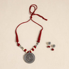 Red - german silver necklace set with beads 45 - handcrafted