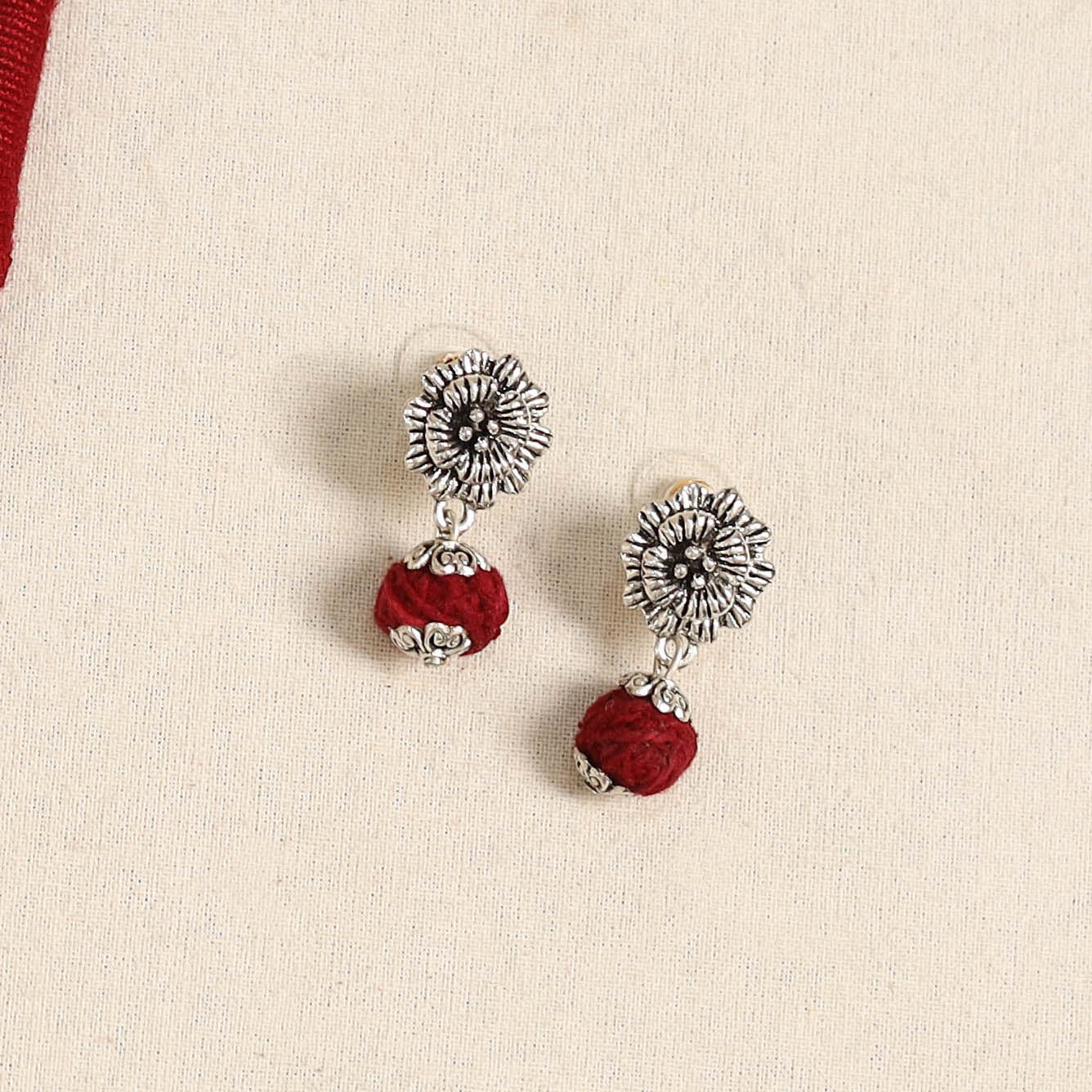 Red - german silver necklace set with beads 45 - handcrafted